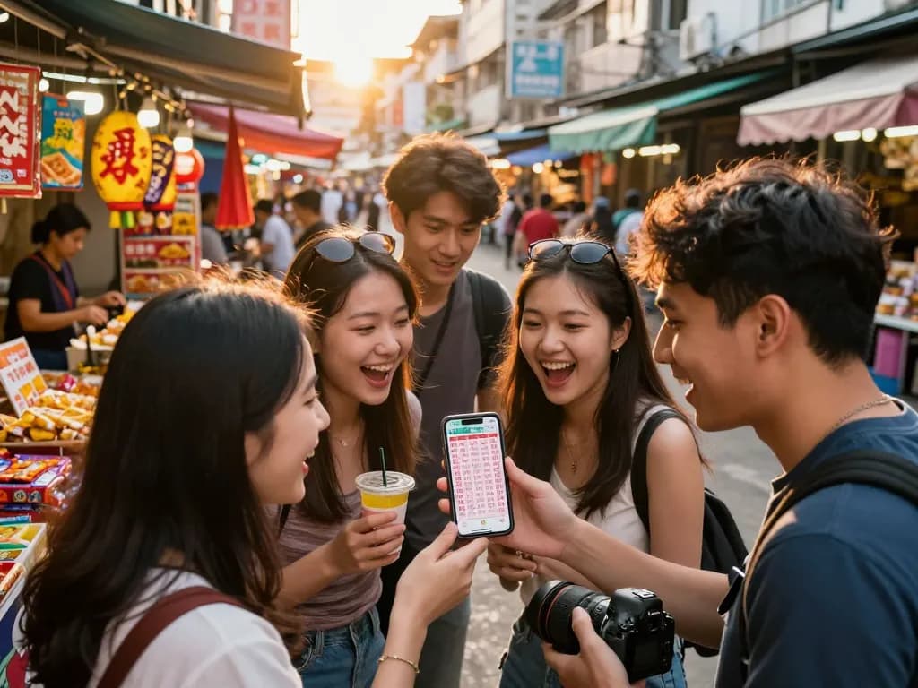 Friends celebrating and checking Data HK lottery results on smartphone in vibrant urban market.