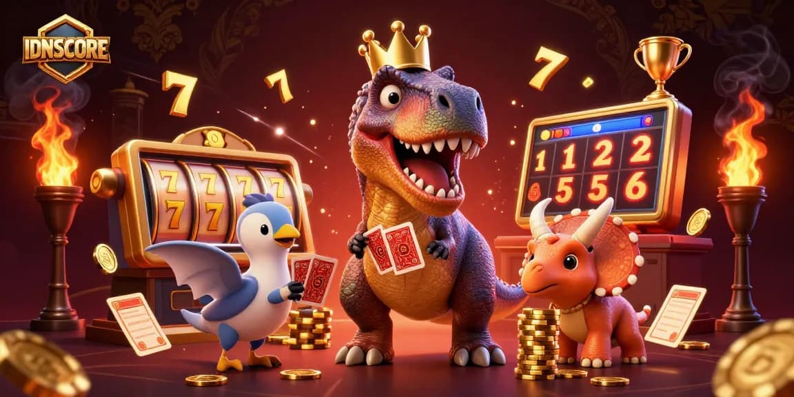 Experience excitement with IDNSCORE's engaging characters in a dynamic casino scene featuring spinning slots and golden chips.