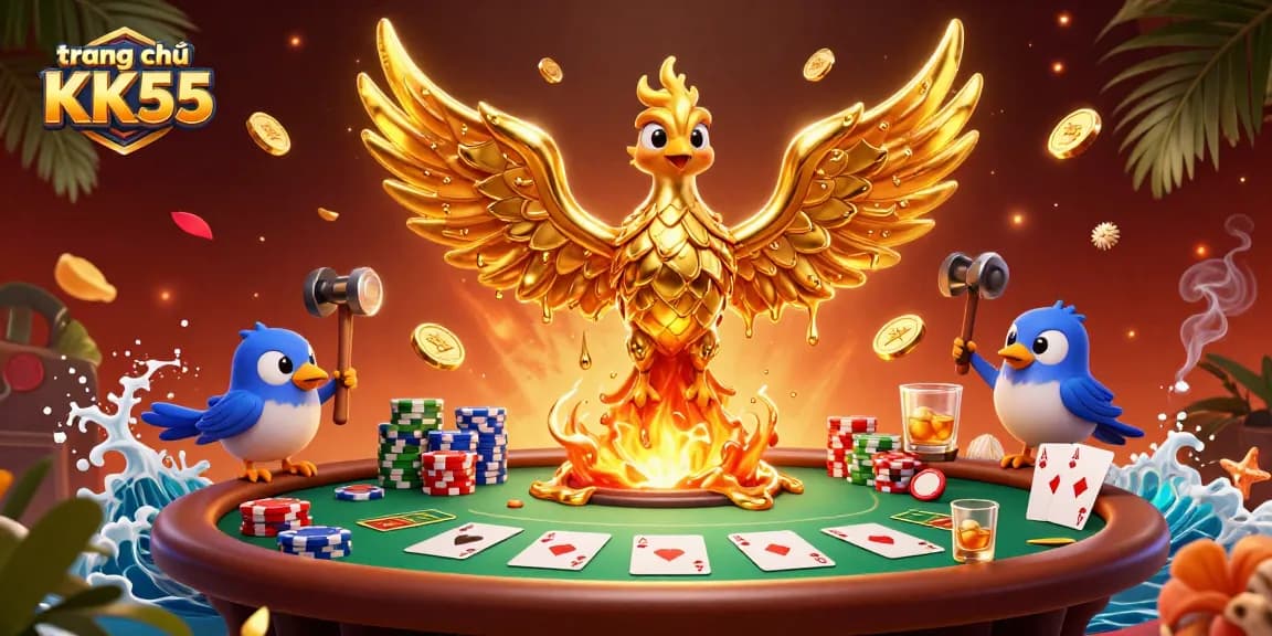Experience excitement at trang chủ KK55 with a dynamic scene showcasing a golden phoenix and poker royalty.
