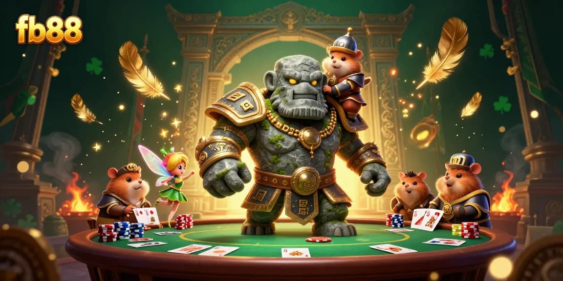 Join the exciting action at fb88 casino, featuring poker tables and magical characters in a vibrant scene.