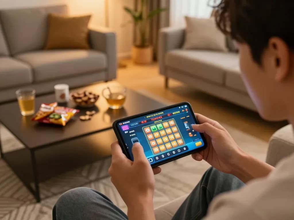 Engage in togel 4D with focused online gaming on a mobile device in a cozy living room.