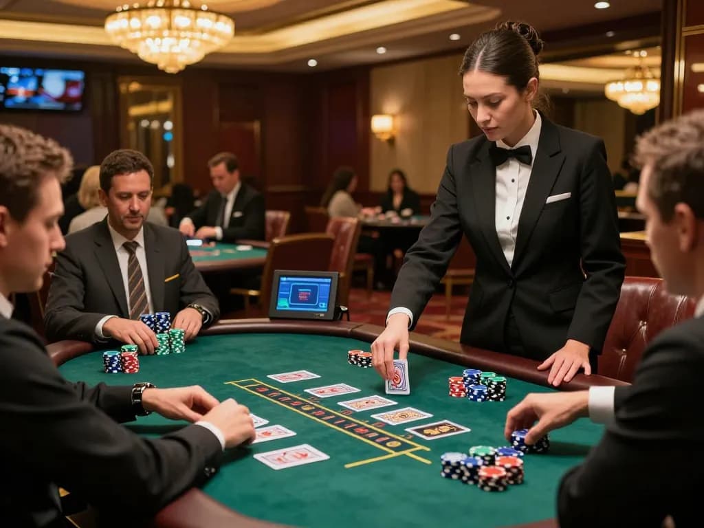 Engaged players in a thrilling blackjack game setting at cloud-africa, with cards dealt and chips placed in an elegant casino.