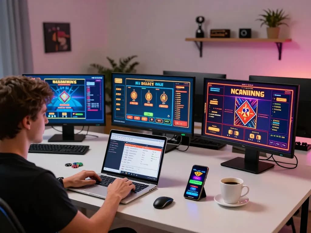 Player engaging in online casino games through BK8 on multiple screens showcasing poker and slots.