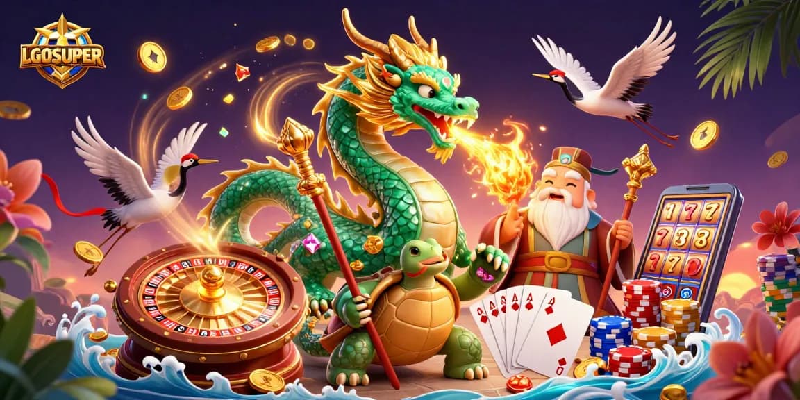 Experience thrilling gameplay with LGOSUPER's vibrant 3D casino adventure illustration.