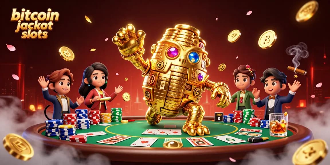 Experience the thrill of bitcoin jackpot slots with a golden golem amidst a vibrant casino scene.