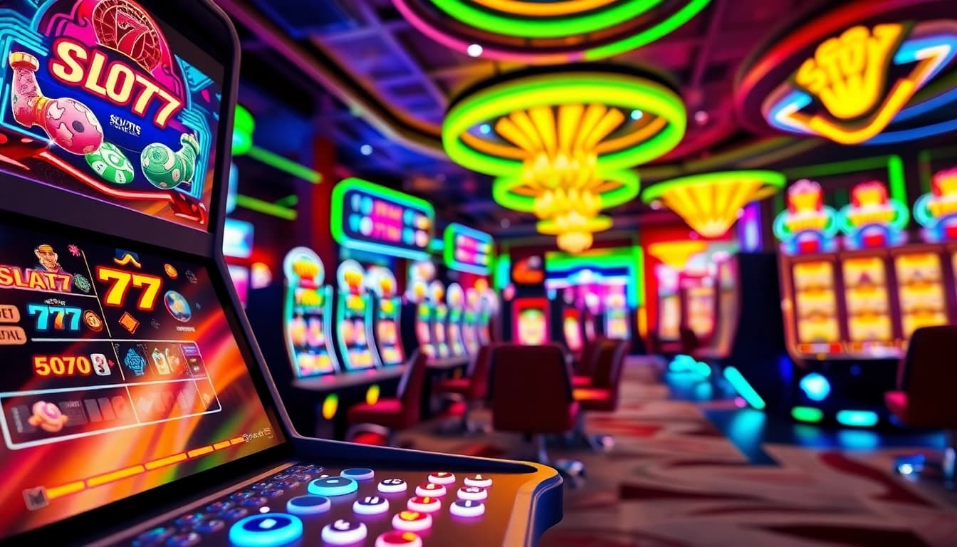 Menggoda pemain dengan simbol Slot77 yang berkilau di kasino futuristik.