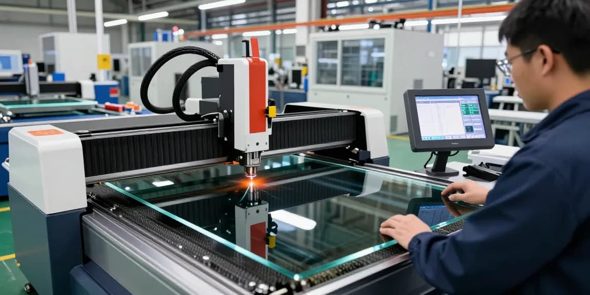 CNC glass cutting machine in action with technician adjusting settings for precision cutting.
