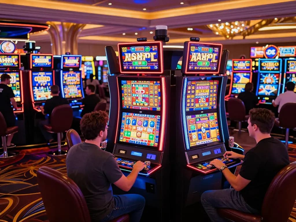 Ligalexus players enjoying colorful slot machines in a lively Las Vegas casino atmosphere.