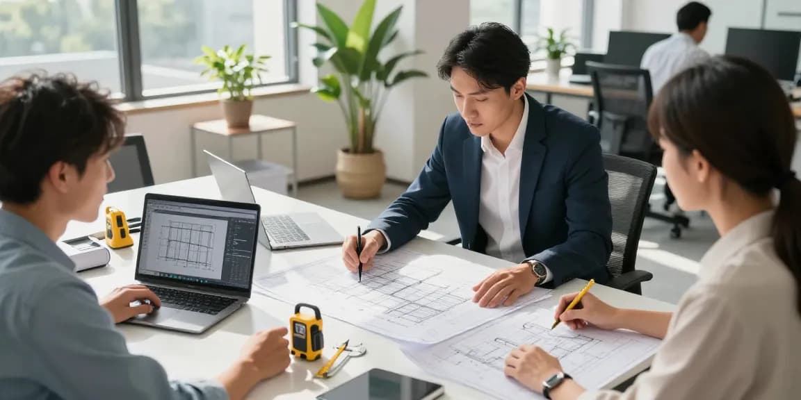 Structural engineer Missouri reviewing blueprints with clients in modern office.