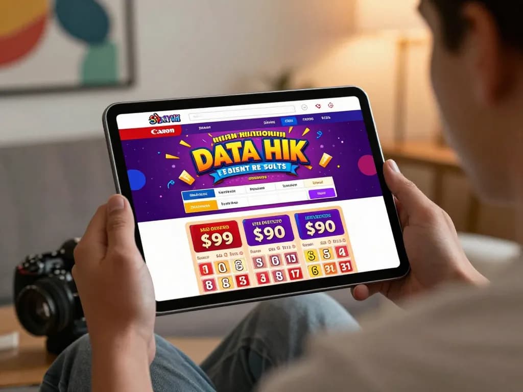 Engaged user checking Data HK lottery results on a tablet in a vibrant online gaming environment.