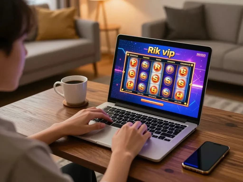 Enjoying a dynamic slot game session at rik vip on a home gaming setup, with a laptop and cozy ambiance.