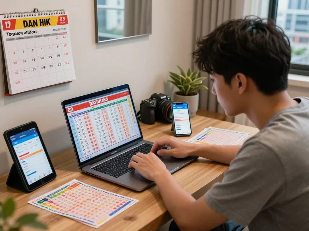 Player checking Data HK lottery results at a cozy home desk with lottery tickets.