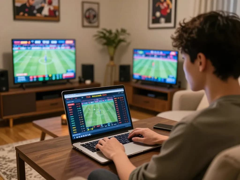 Engaging in the tv88 game for sports betting on a laptop during an exciting match.
