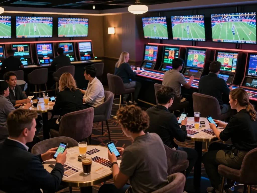 Placing bets at a New York City Personal Injury Lawyer-themed gambling lounge with vibrant atmosphere.