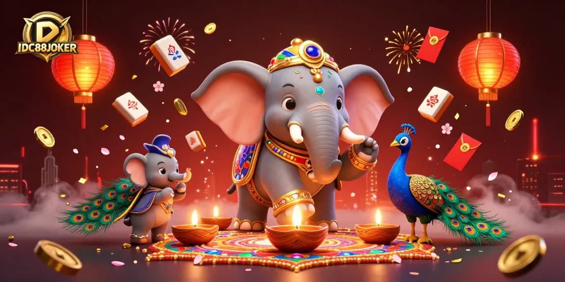 Win big with IDC88JOKER's vibrant gaming scene featuring colorful characters and festive elements.
