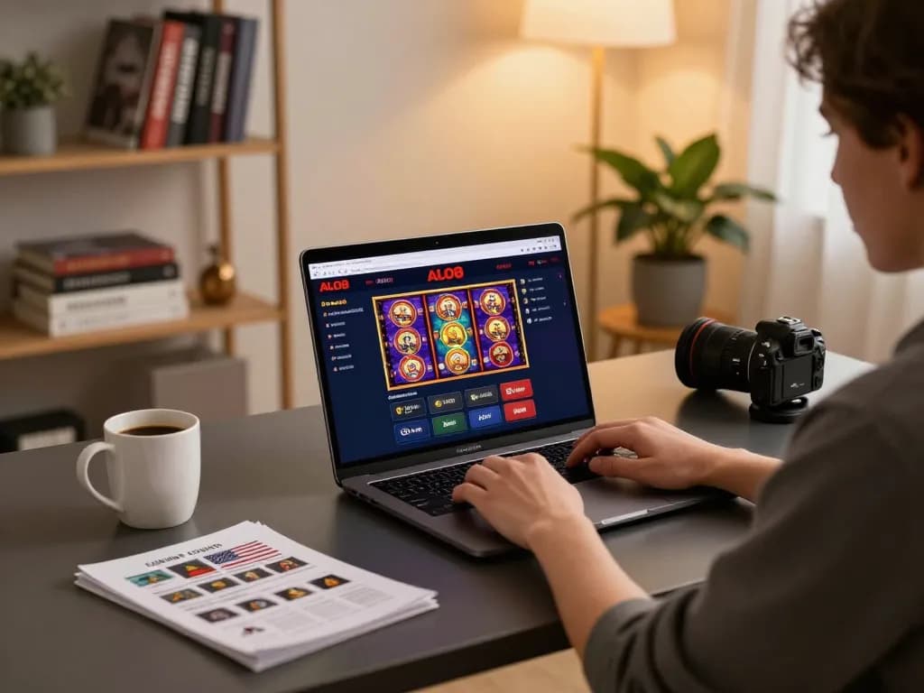 Player engaging with ALO8 online casino platform at home, showcasing vibrant games and cozy atmosphere.