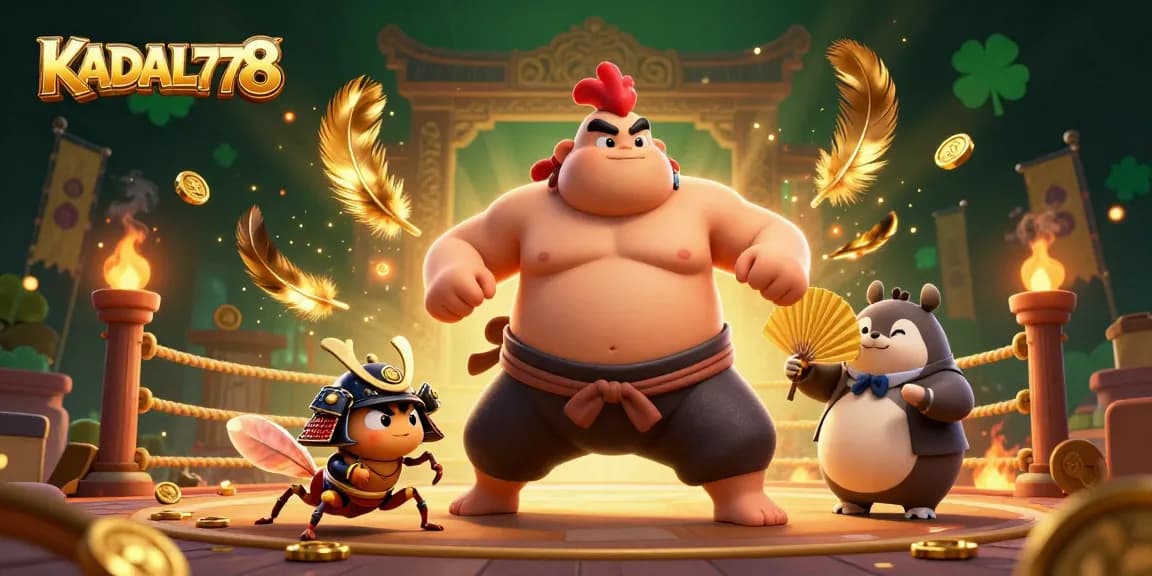 KADAL778 brings excitement with a cartoon sumo wrestler rooster, cricket, and tanuki in a casino arena