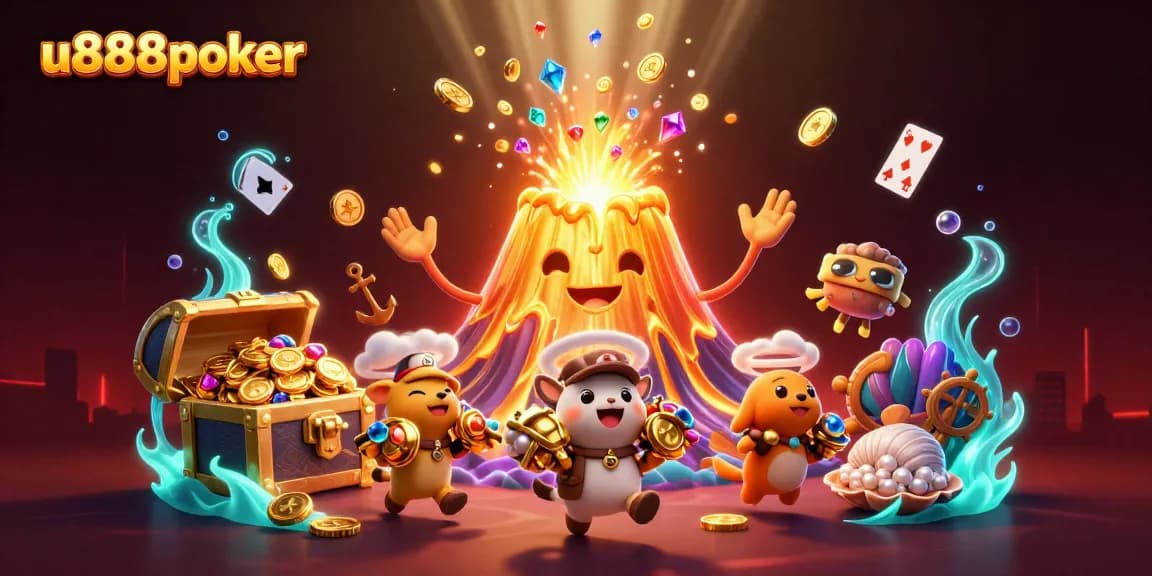 Join u888poker in a thrilling treasure hunt over a volcanic eruption with gems and coins!