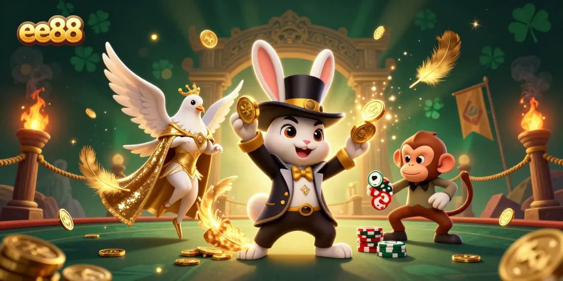 Engage with exciting games on ee88 while enjoying thrilling illustrations of rabbits pulling gold coins.