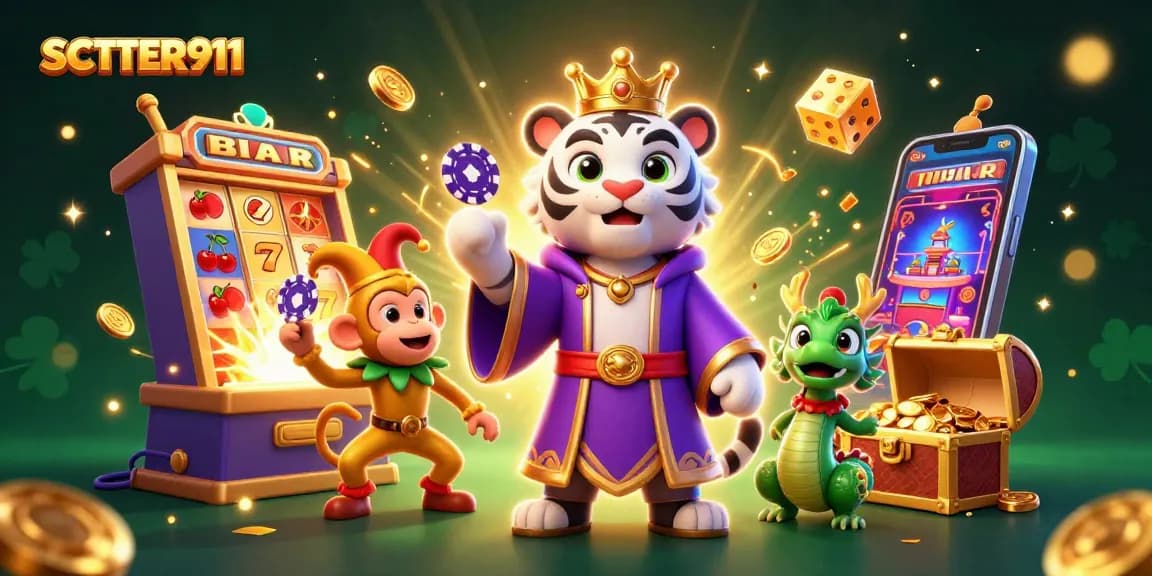 Engage with SCATTER911 through this vibrant casino illustration featuring playful characters and rich gaming elements.