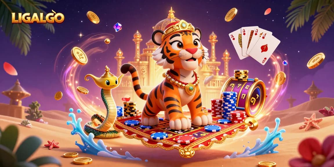 Engage with LIGALGO's thrilling gambling adventure featuring a sultan on a magical carpet amidst slot reels.