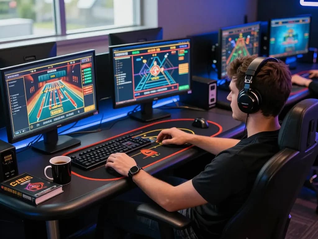 Player strategizing on ALO8 gambling odds at a multi-screen online casino setup, engrossed in game play.