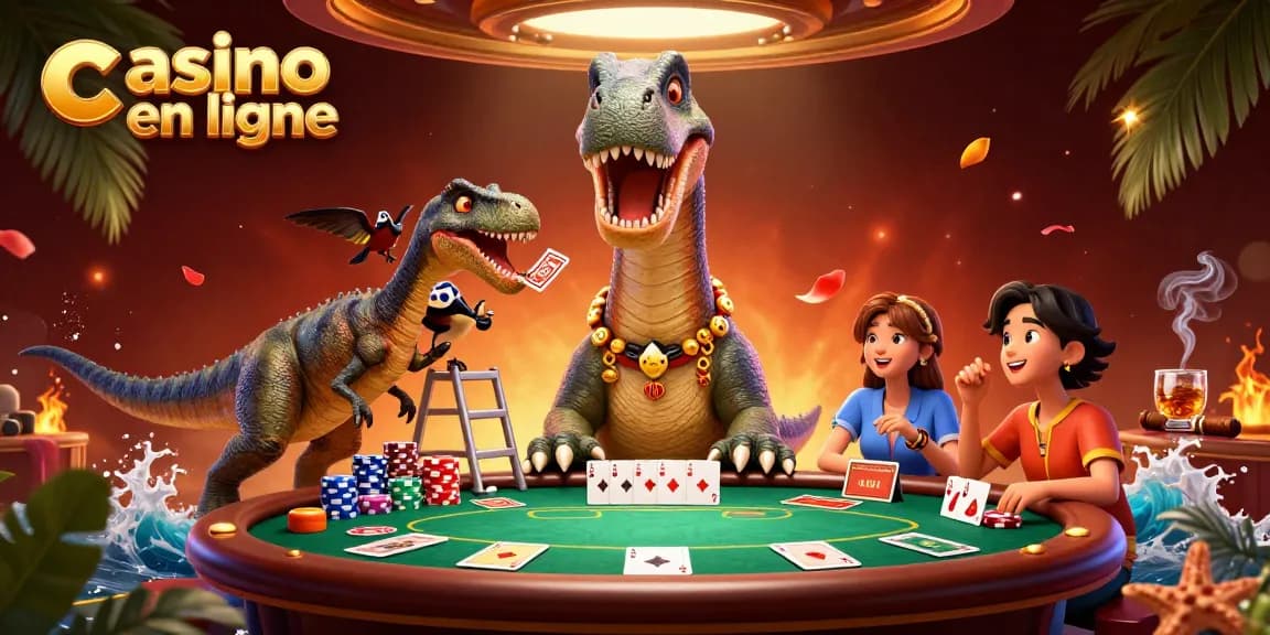 Illustration dynamique de casino en ligne avec un brontosaurus et un velociraptor jouant au poker, entouré de jetons et de cartes.