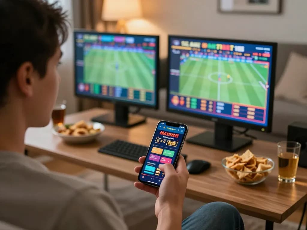Engaged user betting on llwin sports app, vibrant living room displaying dynamic live sports events.