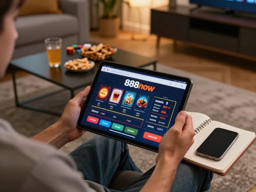 Player enjoying online gaming experience at home with 888now casino on tablet, cozy atmosphere.
