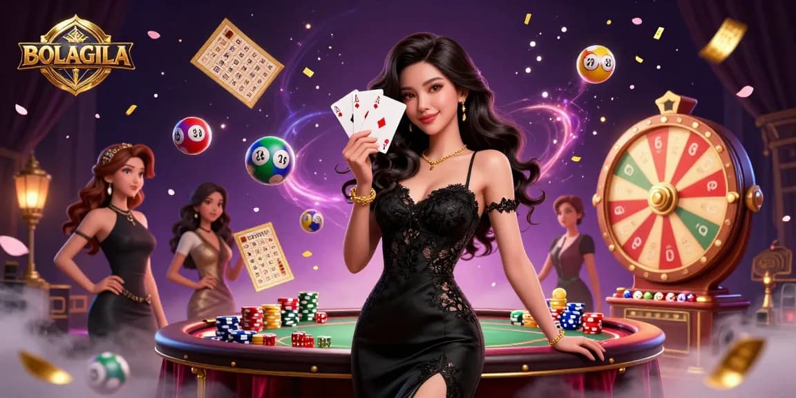 BOLAGILA captivates with an elegant Asian woman holding playing cards amid a vibrant lottery scene.