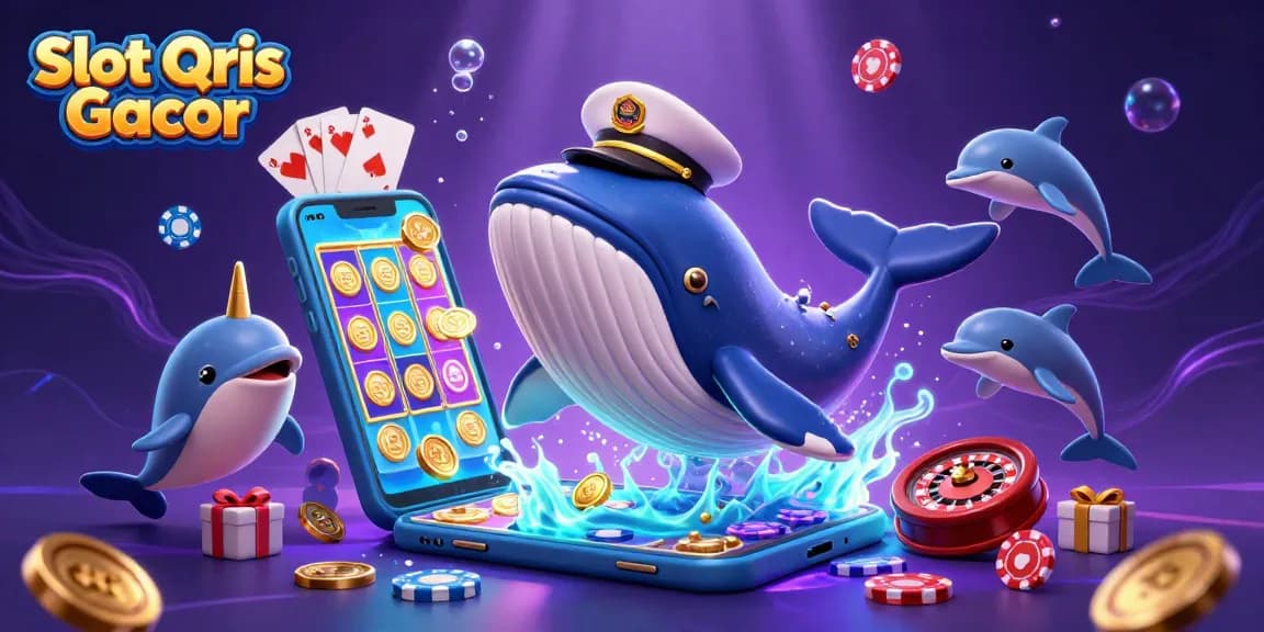 Experience thrilling gameplay with Slot Qris Gacor, as colorful coins and poker chips surround playful characters in a vibrant casino scene.