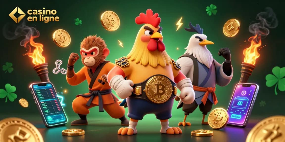 Jouez au casino en ligne avec le coq Muay Thai, le singe Shaolin et le maître grue entourés de crypto-monnaies.