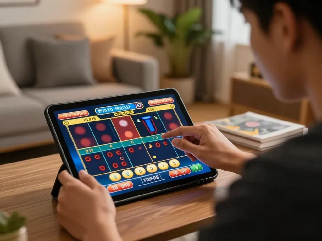 Paito macau player engaging with an online gambling game on tablet, showcasing vibrant gameplay.