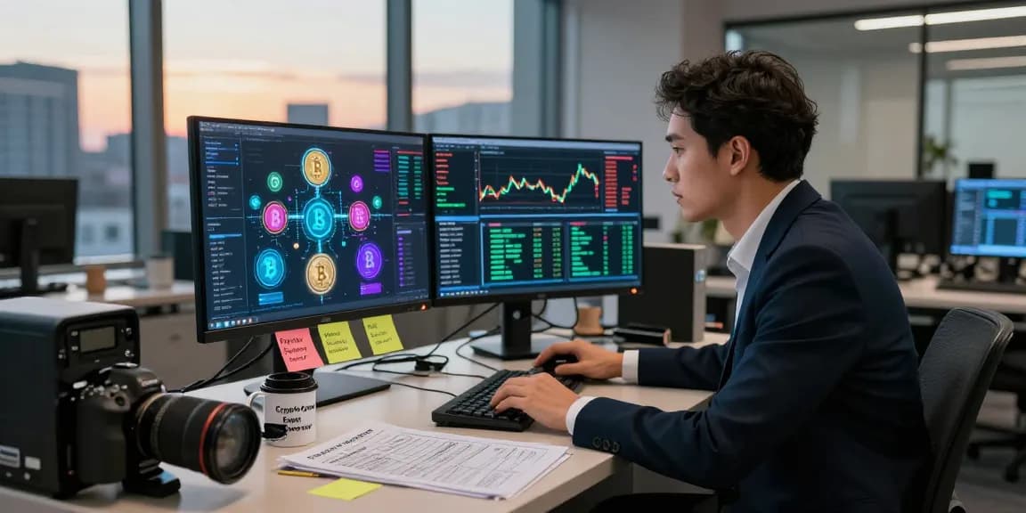 Expert analyzing data to recover stolen cryptocurrency with technology and urgency in modern office.