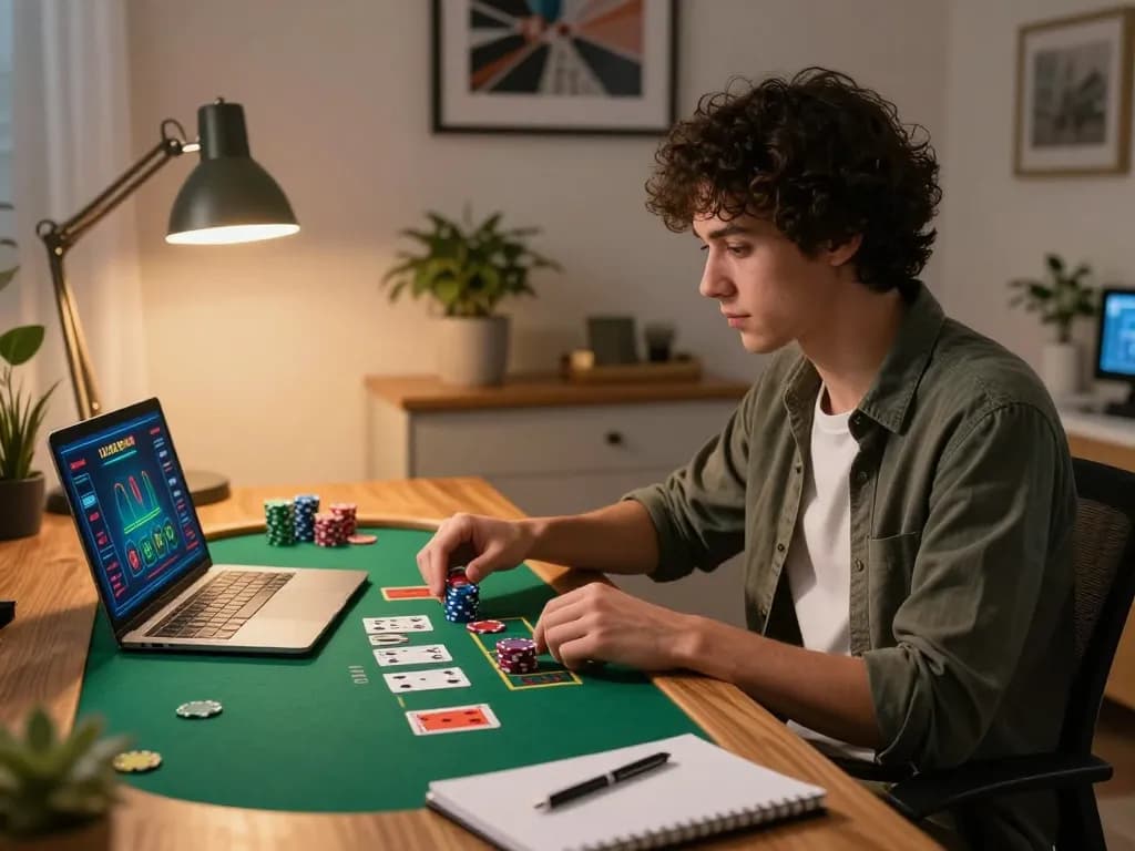 Player enjoying a live dealer blackjack game on fabet, focused on strategy in cozy home office environment.