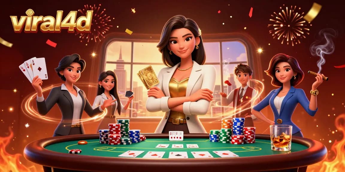 Join the excitement at viral4d with a powerful businesswoman showcasing her poker skills amidst a festive casino atmosphere.