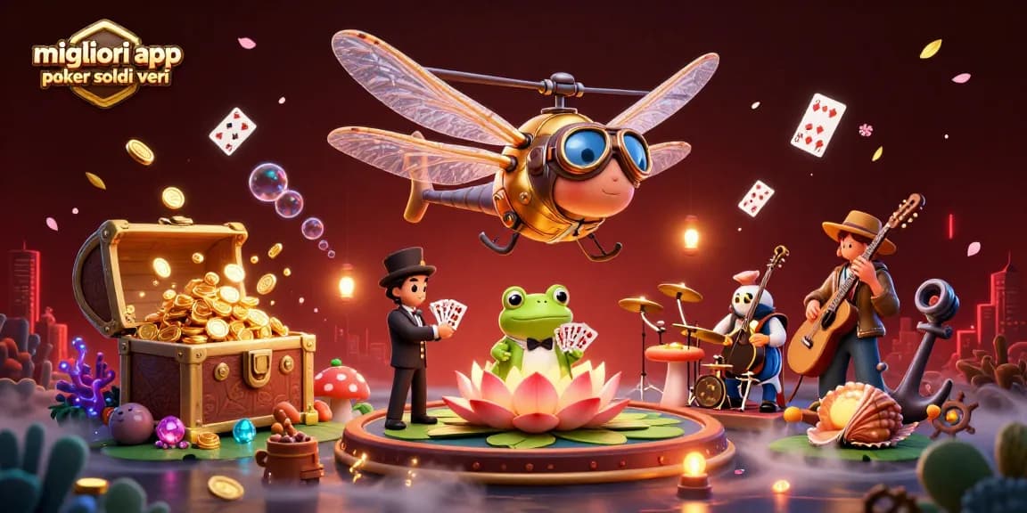 Esplora le migliori app poker soldi veri con un'avvincente illustrazione 3D di gioco e azione, immersa in un mondo di casino online.