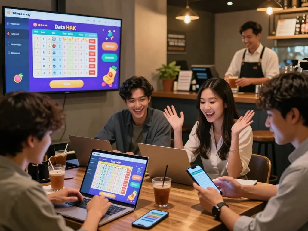 Engaged players checking Data HK results on their devices in a lively online lottery setting