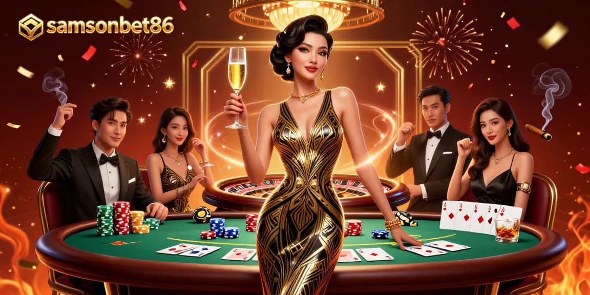 Experience excitement at samsonbet86 with a glamorous Asian woman and vibrant casino elements.