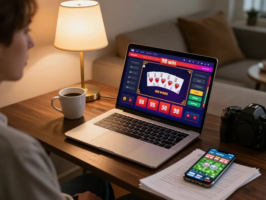 Playing online poker at home with 98 win interface on laptop and betting strategy notes