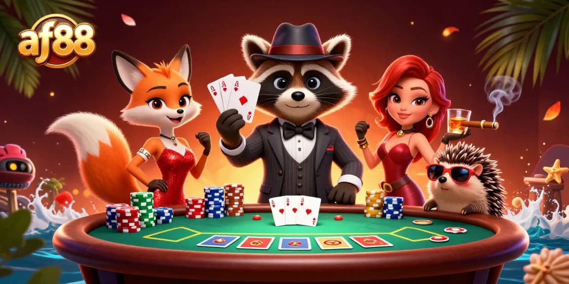 Experience the excitement of af88 with a charming raccoon and friends at a poker table.