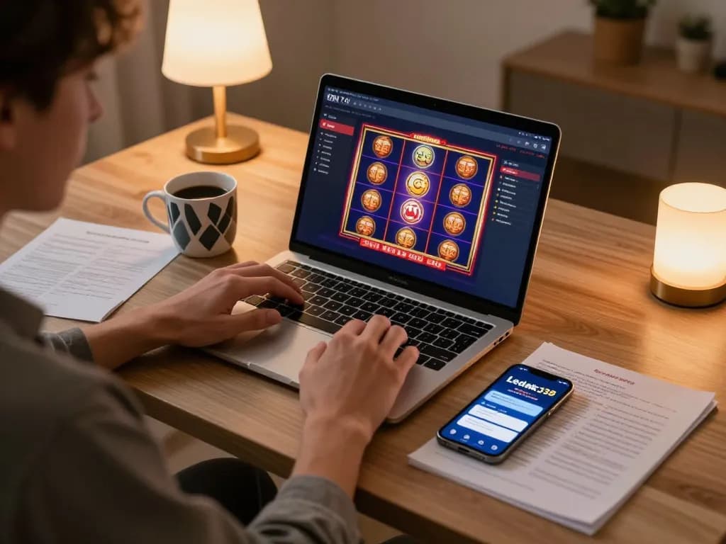 Engaging in online gameplay with the Ledak338 platform on a laptop, showcasing a relaxed yet strategic home gaming environment.