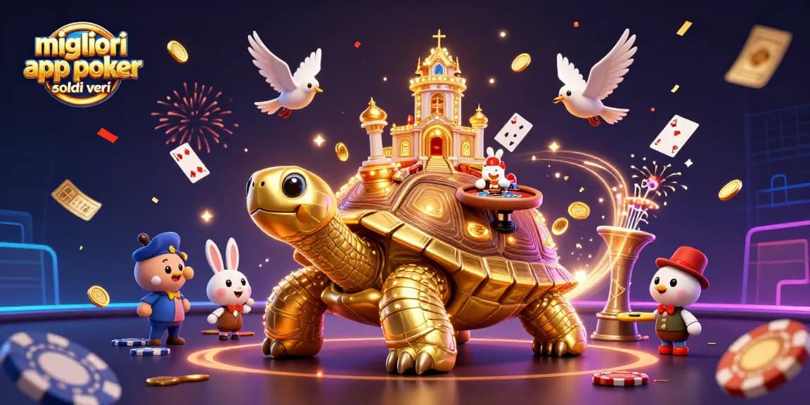 Scopri le migliori app poker soldi veri in un'illustrazione vivace con tortuga e dealer di carte.