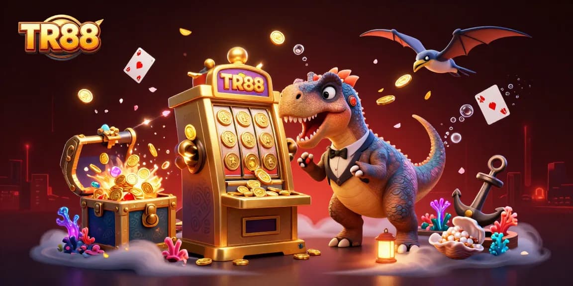 TR88 attracts excitement and payouts as a pachycephalosaurus hits the jackpot with coins flying in this casino scene.