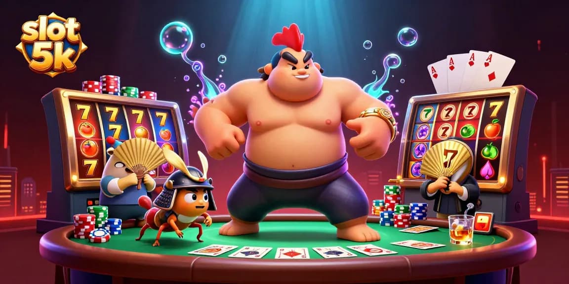 Experience the thrill of slot 5k with a dynamic scene featuring vibrant characters and casino elements.
