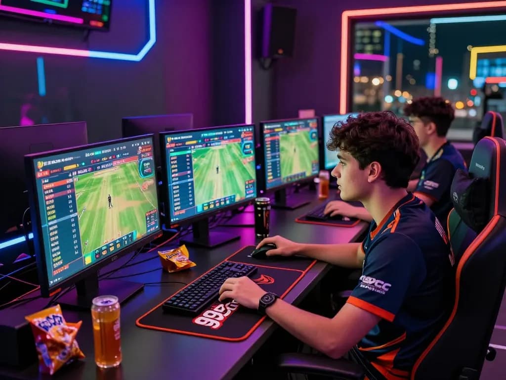 Exciting cricket betting scene with 99exch official logo on gaming desk