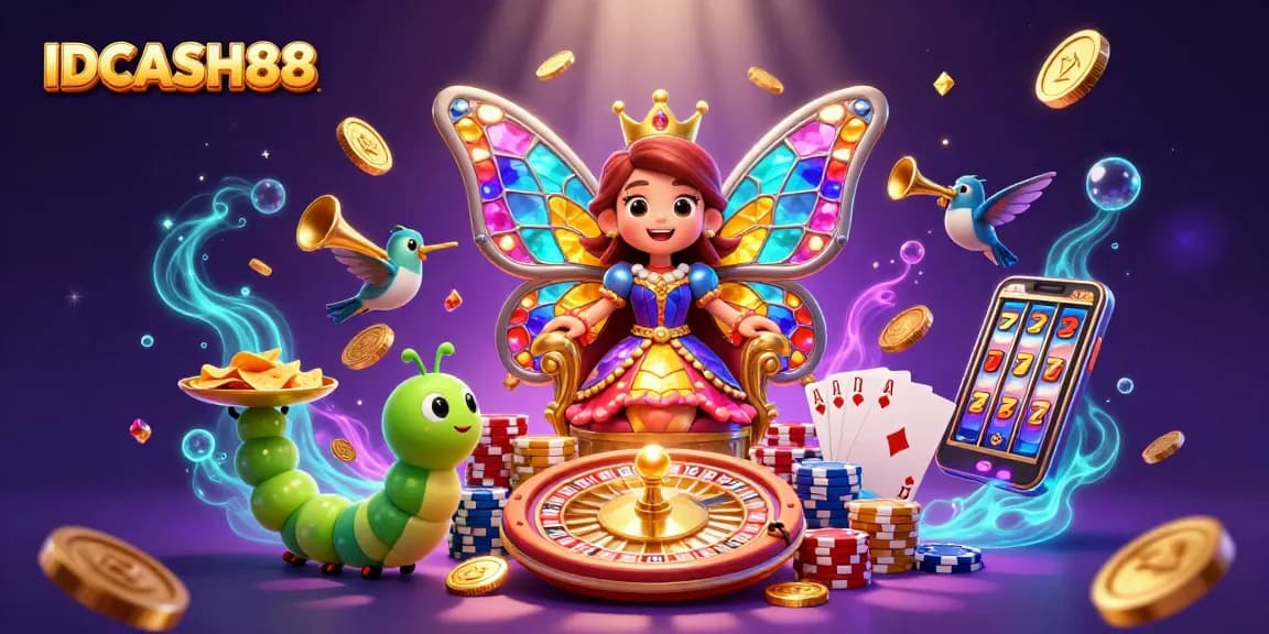 Place your bets at IDCASH88 with vibrant casino-themed illustration featuring a butterfly queen amidst a dazzling array of game elements.