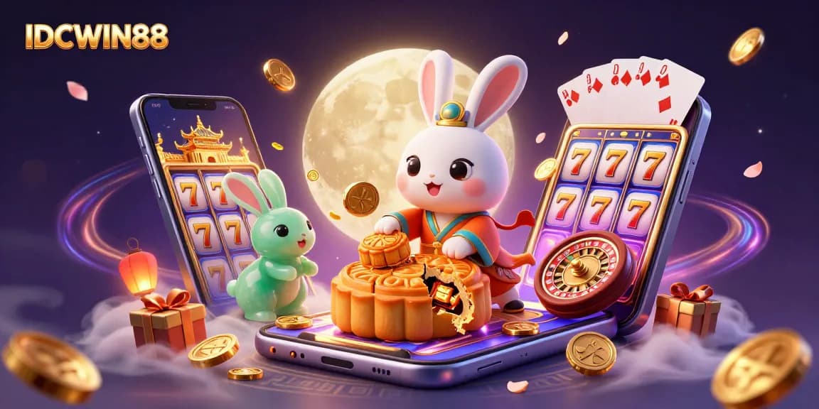 Win with IDCWIN88 as a moon rabbit plays slots surrounded by casino treasures and festive elements.