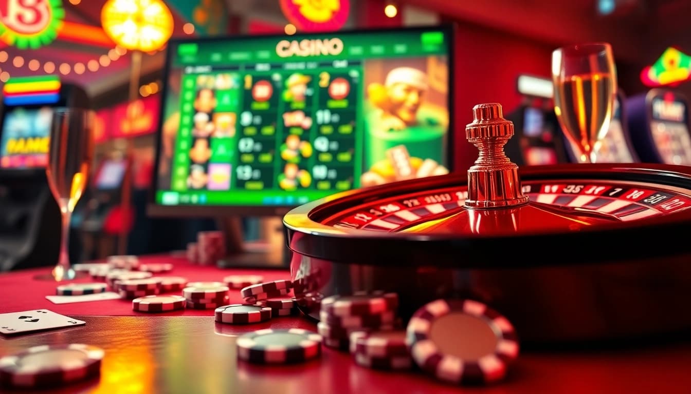 Experience the thrill of an online casino Uk with a glowing roulette wheel and vibrant gaming chips.