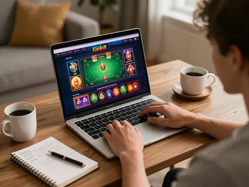 Player enjoying online casino games at home using Luck8biz interface with poker options